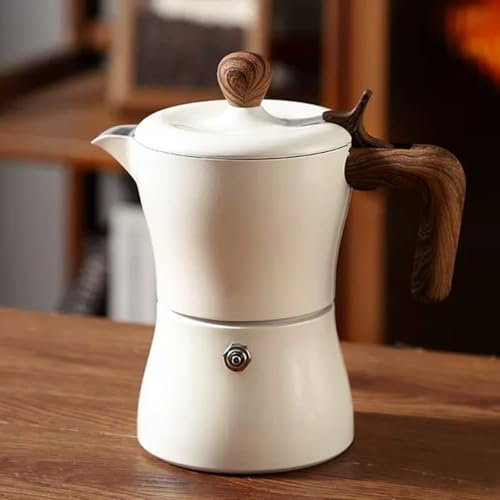 Caffettiera italiana per caffè espresso, moka, moka in alluminio, con manico in legno (bianco)