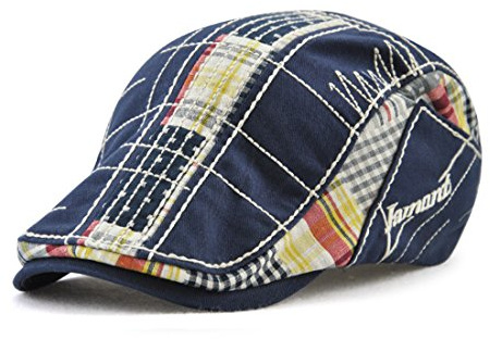 Roffatide Plaid Patchwork Coton Broderie Béret Newsboy Réglable Plate Casquettes Souples Bleu foncé