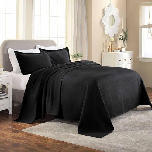 Superior Tagesdecke aus 100% Baumwolle, Korbgeflecht, für alle Jahreszeiten, Premium-Baumwoll-Matelasse-Jacquard-Bettwäsche, gesteppter geometrischer Korb, Kingsize, Schwarz