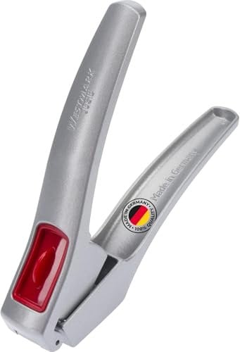 Westmark Knoblauchpresse mit extra großer Kammer und Reinigungselement, Länge: 16,2 cm, Aluminium/Kunststoff, Silber/Rot, 30082260, Josie
