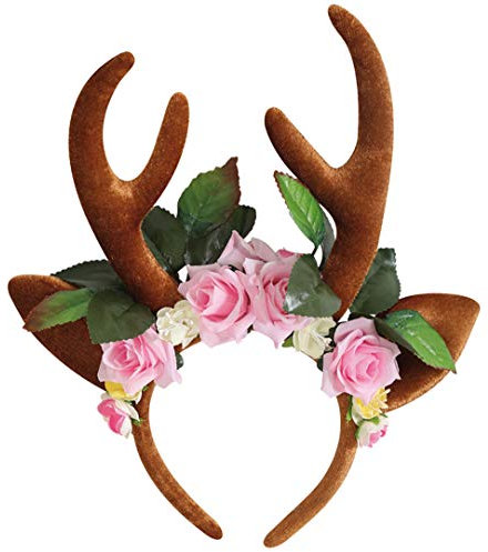 KarnevalsTeufel REH Haarreif mit Blumen, REH Ohren und Geweih Haarschmuck Accessoire Rentier Hirsch Elch Weihnachten