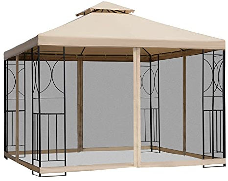 Outsunny Gartenpavillon Pavillon Festzelt Partyzelt wetterfest Zelt mit 4 Ablagen Metall + Polyester Beige 2,98 x 2,98 m