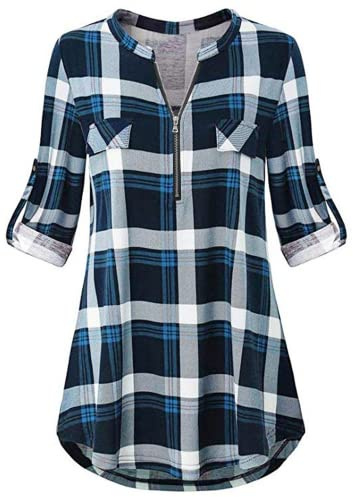 Odosalii Women's Plaid Tunic Blouse with Zip Up V Neck and Floral Print, Long/Short Sleeve Polo Top | Rolled Up Sleeve/Decorative Pockets/Comfy Soft Fabric/Smart Casual Outfit/Elegant A-Line Plain Shirt/Easy to Layer