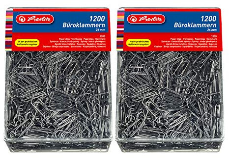 Herlitz 10411007 Büro- Aktenklammern 26mm verzinkt, 1200er Transparentbox (2x 1.200 Stück)