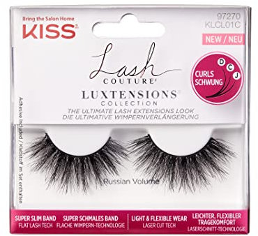 KISS Lash Couture LuXtensions Collection 1 Pair of Fake Lashes, Russian Volume, Light and Flexible Faux-Mink Eyelash with Super Slim Band includes Lash Glue