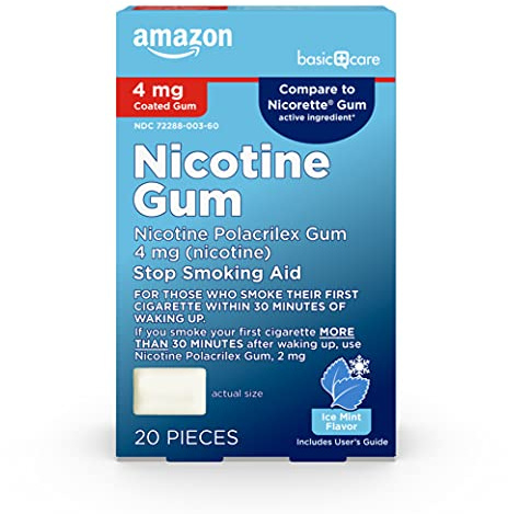 Amazon Basic Care Nicotine Polacrilex Coated Gum, 4 mg, Ice Mint Flavor, Stop Smoking Aid, Quit Smoking, Reduces Withdrawal Symptoms, 20 Count