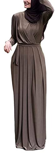 Muslimisches Langärmeliges Abaya-Maxikleid für Damen, gerüscht, V-Ausschnitt, Gürtel, hohe Taille, Plissee-Robe Ramadan Dubai Hijab Kaftan Islamischer Dubai Hijab Kaftan