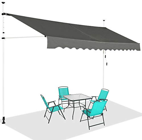DREAMADE Auvent Rétractable Manuel avec Manivelle, Store Banne avec Tige de Support Réglable en Hauteur, Résistant au Solaire, pour Balcon, Cour, Terrasse de Café, d’Hôtel, de Magasin (Gris, 4M)