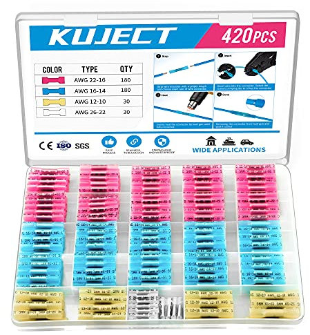 Kuject 420 Conectores Cable Termorretráctiles, 4 Tamaños Aislados a Prueba de Agua, Conectores de Crimpado Eléctricos de Cobre Estañado para Automoción Marine Boat Truck Stereo Joint 10-26 AWG
