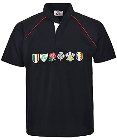 New Model UK Mens Rugby 6 Nations Supporter Fan Half Sleeve Grandad Collar Style T Shirts with Embroidered Logo Size S to 5XL (Color Black, White) (4XL, Black)
