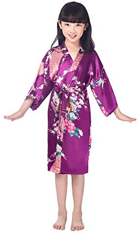 Westkun Kimono Bambina e Ragazze Vestaglia Vestito Cinese Pigiama Accappatoio Giapponese Lunga Estiva Pavone e Fiori Partito Nozze Pigiameria Robe(Viola,8)