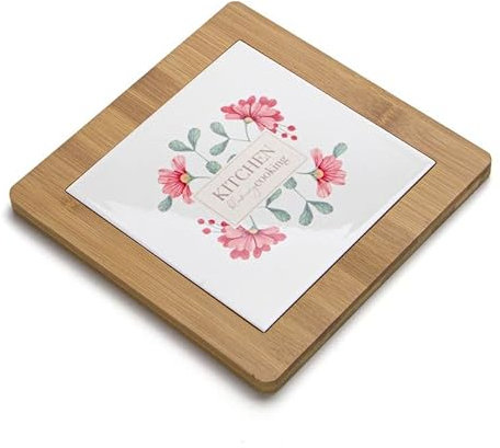 ROCKING GIFTS Dessous de plat en céramique et bois | Résistant à la chaleur | Motif floral roses | Protège tables et plans de travail | 20 cm de diamètre