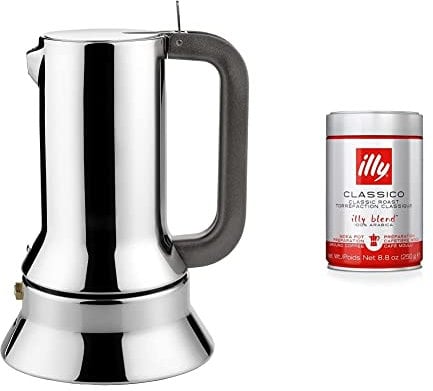 Alessi 9090/3 3-Cup Espresso Coffee Maker in 18/10 Stainless Steel Mirror Polished with Magnetic Heat Diffusing Bottom, Silver & illy Coffee, Classico Ground Coffee for Moka Pots, 250g