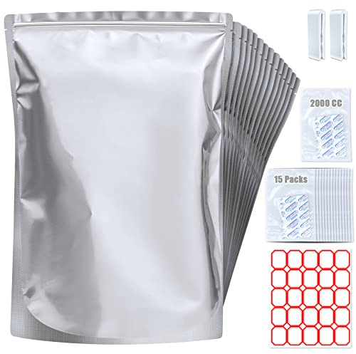 Paquete de 15 bolsas de mylar de 5 galones con absorbentes de oxígeno, bolsas de mylar de 10.5 milímetros para almacenamiento de alimentos con 15 absorbentes de oxígeno sellados individuales de 2500