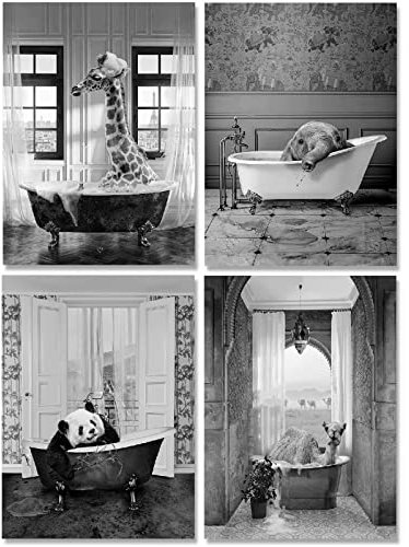 Tier In Der Badewanne Bild Schwarz Weiß Badezimmer Bilder Lustig Wand Kunst Drucke Leinwand Poster Wohnkultur Minimalistische - Ohne Rahmen (30X40cm*4PCS, Badewanne Panda)