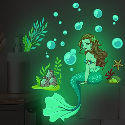 HGDESIGN® Wandtattoo Leuchtend Wandaufkleber Leuchtsticker Meerjungfrau Mädchen Unterwasserwelt Prinzessin Wandsticker Babyzimmer Kinderzimmer Badezimmer Wanddeko