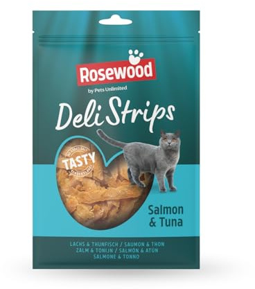 Rosewood Deli Strips Lachs & Thunfisch – Weicher und zarter Katzensnack mit Lachs und Thunfisch, fettarme Leckerlis, ohne Zusatz von Salz oder Zucker, ohne künstliche Zusatzstoffe, 40 g