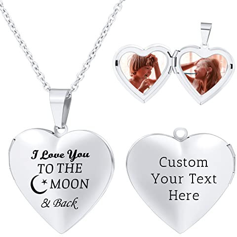 OTXIXTO Herz Medaillon Kette für Damen Personalisierte Foto Anhänger Halskette Gold/Silber/Rosegold aus Edelstahl Text Gravur Personalisierter Schmuck Geschenke für Frauen Mutter (I Love...)