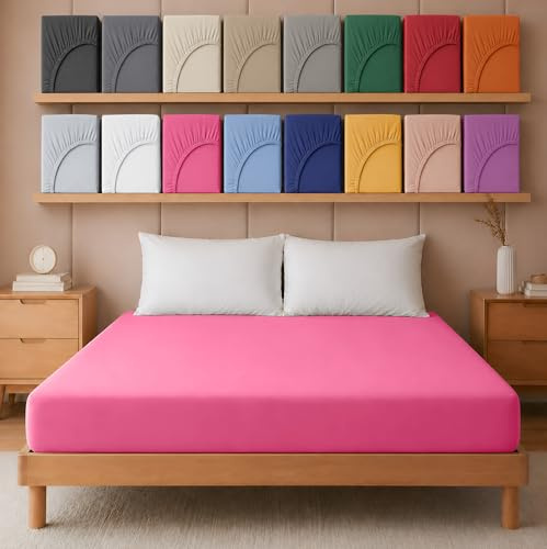 Hafaa Super King Fitted Sheet – Pink Soft Brushed Microfibre 25 cm Deep Elastic Fitted Bed Sheet – Easy Care & Breathable (180 x 200 cm)