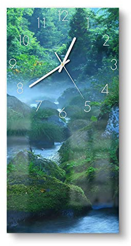 DEQORI Glasuhr | horizontal 30x60 cm | Motiv Wasserquelle im Wald | große XXL Design Uhr aus Glas | leise Wanduhr für Wohnzimmer & Küche | moderne Hingucker Uhr für die Wand