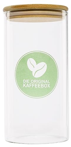 Die Original Kaffeebox mit Bambusdeckel - Kaffeedose aus Glas mit Silikonring - Luftdichte Kaffeevorratsdose für Kaffeebohnen und gemahlenen Kaffee - Kaffeebehälter - Kaffee Aufbewahrung