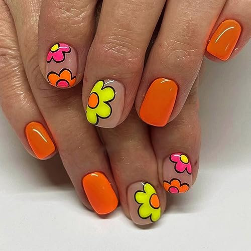 Ceboic 24Pcs Short Square False Nails Glossy French Tips Press on Nails Cute Cartoon Flower Fake Nails with Glue Stickers Reusable Artificial Stick on Nails for Women Girls Nail Art Accessories