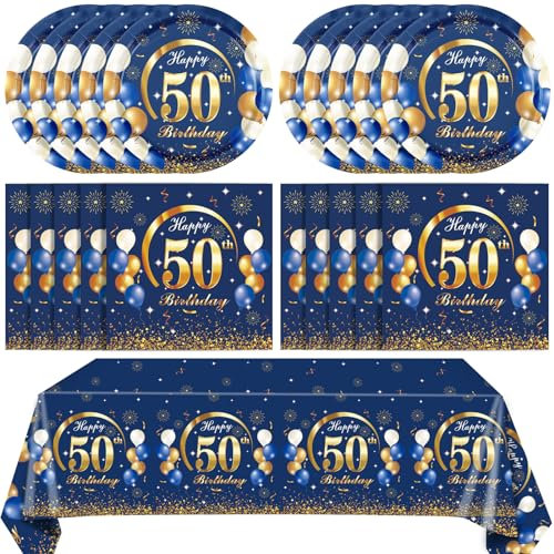 41PCS 50th birthday decorations men Navy Blue and Gold 50th Anniversary Decorations Disposable Tableware Include Plates Napkins Tablecloth Serve 20