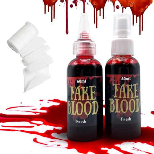 Pardofelis Faux Sang Halloween, Faux Sang pour la Peau, Spray de Sang, Faux Sang Gouttes avec Bandage pour Costume Halloween Maquillage Vampire Zombie SFX