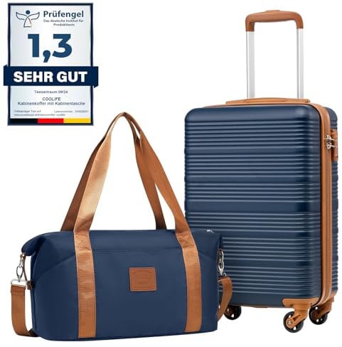 COOLIFE Valise Cabine Ryanair Rigide Bagage Cabine 55x35x20 Valises Leger a 4 Roues,Serrure TSA, en ABS Rigide Valise (Bleu/Marron, 55×35×20 Set de Valises)