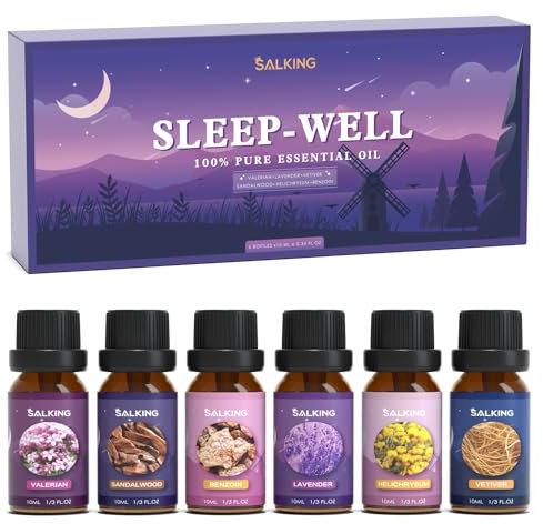SALKING Bien dormir Huiles Essentielles, 6x10ml Huile Essentielle Bio pour Diffuseurs, Humidificateurs, Massage, Vétiver, benjoin, valériane, hélichryse, lavande, bois de santal