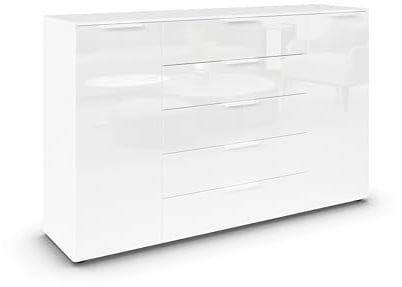 Rauch Möbel Flipp, Kommode, Farbe Glas Weiß, Breite 160 cm | Sideboard, 2-türig, 5 Schubladen, Glasfront, Soft-Close-Funktion, für Schlafzimmer, Gästezimmer, Wohnzimmer, Garderobe, Flur