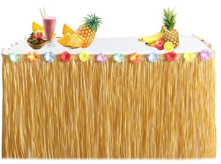 douyif Falda De Mesa Hawaiana Luau Falda De Mesa Fiesta Tropical Falda De Mesa con Flores Falda De Mesa para Hawaiano Tropical Beach Fiesta De Verano Barbacoa Tiki Deco De Mesa (Dorado)