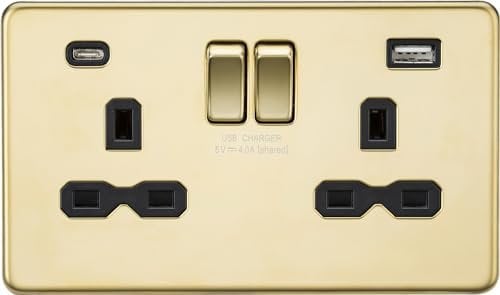 13A 2G SP Switched Socket with Dual USB A+C (5V DC 4.0A shared) - Polished Brass with Black Insert