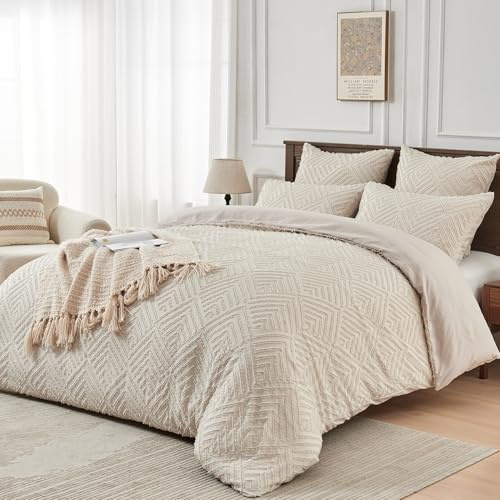 YASMENG Boho Bettwäsche 155x220 Beige Geometrisch Getuftet Bettwäsche Boho Böhmisch Aesthetic Modern Weiche Mikrofaser Bettbezug Set 3 Teilig mit Reißverschluss und 2 Kissenbezüge 80x80 cm