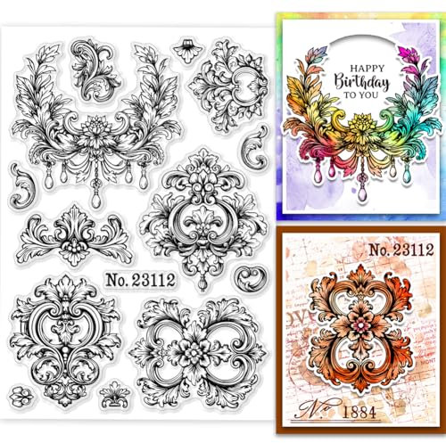 GLOBLELAND Barock Rahmen, Transparente Stempel, Retro Muster, Rahmen, Silikon, Transparente Stempelsiegel, Barock Muster, Transparente Stempel Für DIY Scrapbooking Karten, 8.27x5.83Zoll