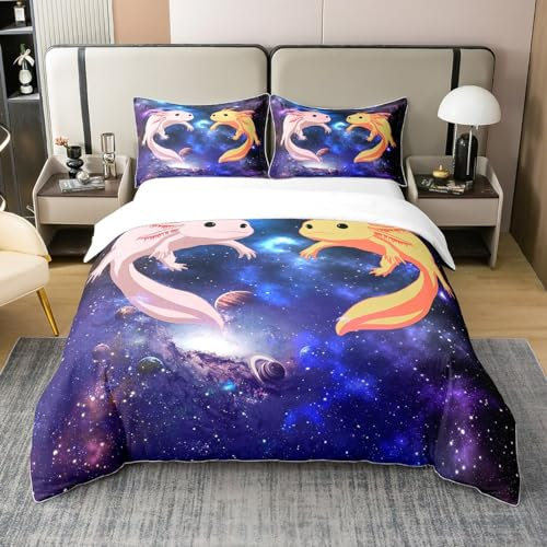 Loussiesd Niedlich Axolotl Bettwäsche Galaxy Axolotl Bettbezug Set für Kinder Jungs Mädchen Universe Outer Space Bettwäsche Set 155x220cm 100% Baumwolle Coastal Axolotl Bettbezug mit 1 Kissenbezügen