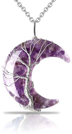 Kotkiddy Collier en cristal, collier d'améthyste croissant de lune enroulé en fil de fer de vie en pierre naturelle, bijoux en pierre précieuse cadeaux, Violet, L