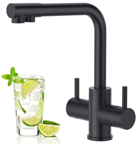 Aktines 4 Wege Küchenarmatur, Doppelhebel Armatur Wasserhahn Küche mit Trinkwasser und Sodawasser Spültischarmatur Spülenarmatur Küche für Wasserfilter und Sprudler Edelstahl, schwarz