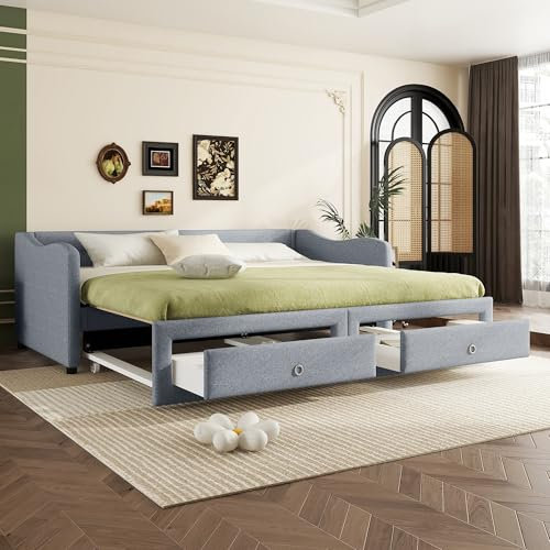 Polsterbett 90x200 cm, Ausziehbares Schlafsofa Erweiterbares Tagesbett mit Ausziehbett und 2 Schubladen, Gästebett Daybett Kinderbett Sofabett Jugendbett Doppelbett, Leinen, Ohne Matratze, Grau