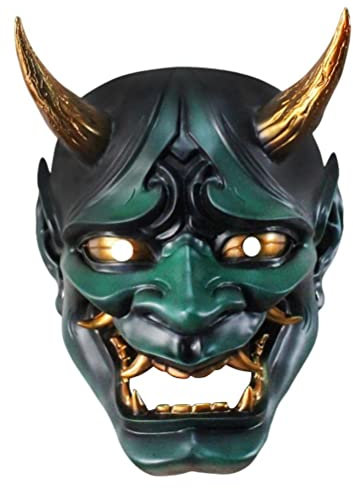 SASKATE Japanische Hannya-Maske, Harz-Horror-Dämonen-Geistermaske, Samurai-Geistermaske, Japanische Horror-Dämonen-Maske, für Bühnenaufführungs-Requisiten Halloween (Green)