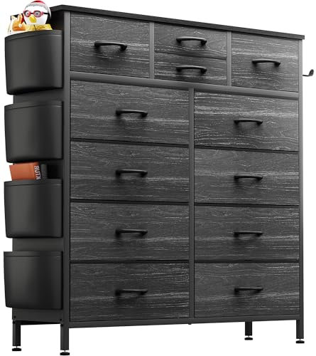 Buluri Chest of Drawers Bedroom, 12 Fabric Drawers Dresser with Side Pockets and Hooks, Wooden Top and Metal Frame, Tall Drawers for Closet, Living room, Kids Room (Black White Stripes)
