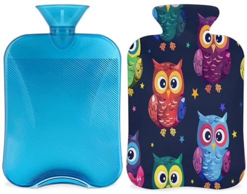 Cute Owls Hot Water Bottle with Cover, Ethnic Owl Hot Water Bottle with Cover, 2L Hot Water Bag for Pain Relief, Neck and Shoulder, Hand Feet Warmer