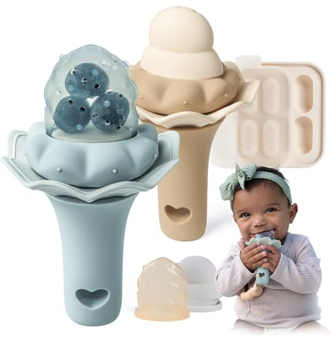 Moonkie Fruchtsauger Baby mit Gefrierschrank Tablett, BPA-Frei Silikon Fruchtschnuller mit Zwei Größen Beutel, 4 Monate+ Zahnungshilfe, Geschenk zur Babyparty, 2 Stück(Äther/Croissant)