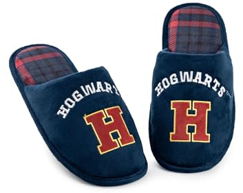 Harry Potter Mens Slippers | Hogwarts Graphic Logo Indoor Mule Slippers for Adults in Blue | School of Witchcraft and Wizardry Slip On House Shoes | Classic Wizard Movie Merchandise Gift