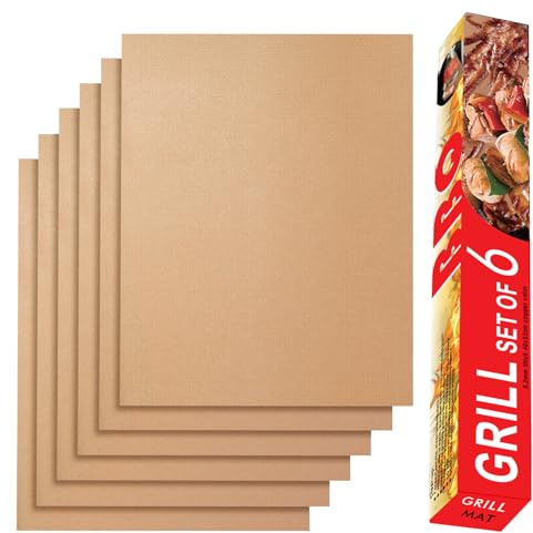 Renook Lot de 6 tapis de barbecue en cuivre anti-adhésif et réutilisable pour barbecue à gaz, charbon de bois, accessoires de cuisine, sans PFOA, 40 x 33 cm