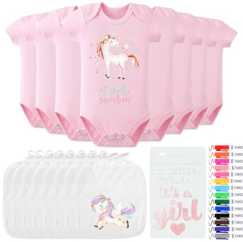 YANSYUN 16 Stück Lätzchen zum Bemalen Babybody zum Bemalen Baumwolle mit 8 Kurzarmbody 8 Babylätzchen Bunte Textilstift Schablonen für Babyparty Spiele Baby Shower