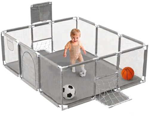 JUPPLIES Parque Infantil Bebe + Pelota de Fútbol y Baloncesto - Corralito Plegable 180 x 120 x 60cm - Parque de Juegos Con Malla Transpirable - Centro de Actividades Gimnasio Parque Gris