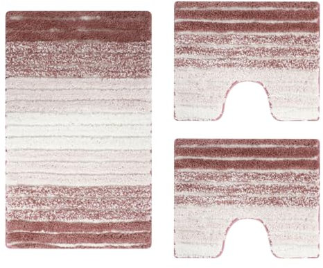 Set Tappeti Bagno Aura Tris 3 Pezzi Doccia Bidet Water Righe Sfumato Morbido Antiscivolo (Rosa)