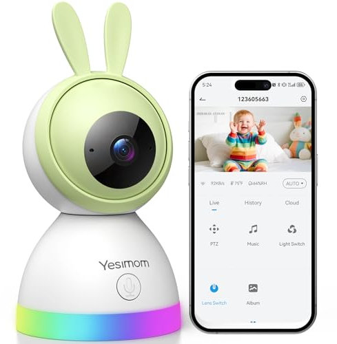 YESIMOM Camara Vigilancia Bebe, 360° PTZ 1080P Vigilabebes con Camara con App Movil, Luz Nocturna Colorida, Seguimiento Automático, Alarma de Área, Audio de 2 Vías, Detección Movimiento y Ruido