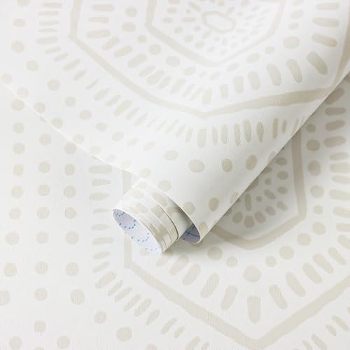 Yomshi 44CM*10M Boho Selbstklebende Tapete Abnehmbare Neutrales Beige/Weißes Geometrisches Muster Wasserdichtes Vinyl Klebefolie für Schlafzimmer Wohnzimmer